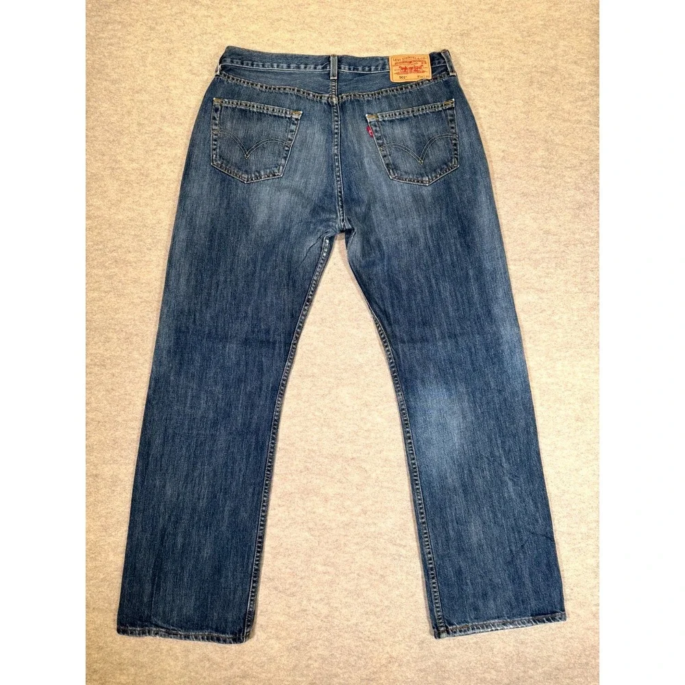 Levis 501‎ Straight Fit Jeans Mens 36x32 Blue Whiskering Denim Cotton Button Fly